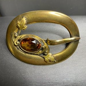 Antique Sash Buckle Brooch George L Payne Art Nouveau Faceted Amber Glass, Brass